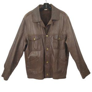 Vintage Brown Leather Snap Front Jacket Men L Made in England Flap Slash Pockets